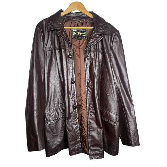 Vintage Montgomery Ward Leather Jacket Mens 44 Tall Brown Button Front 80's 90s - Picture 1 of 16